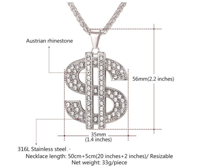 145887536414 European and American exaggerated jewelry Hip-hop style diamond-studded dollar symbol necklace Personality men and women pendant