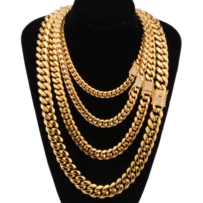 2719716120238 8-18mm wide stainless steel cuban Miami chains necklaces CZ Zircon box lock big heavy gold chain for men Hip Hop Rock jewelry