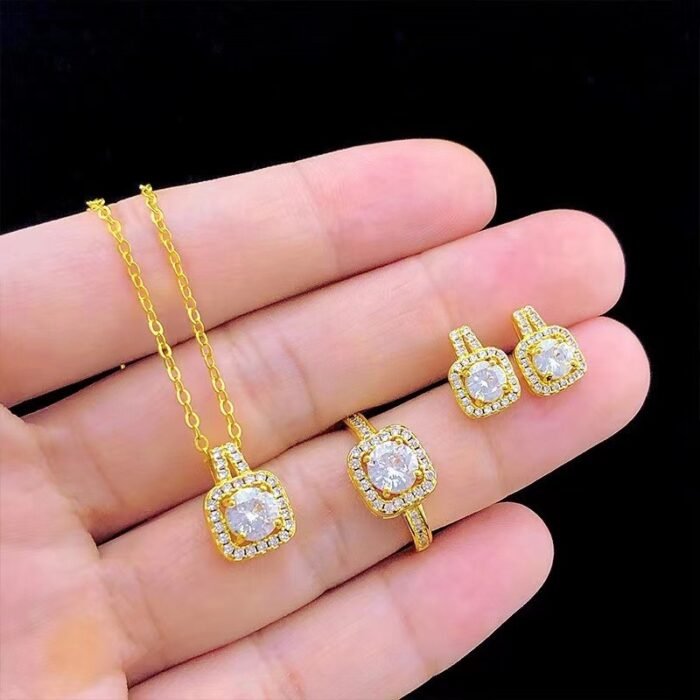 32c3b0e3 5ef3 4071 8657 2e5136dfd01f Fashion Jewelry Set Zircon Gem Pendant Chain Choker Necklace For Women Gold Color Stud Earring Statement Wedding Ring