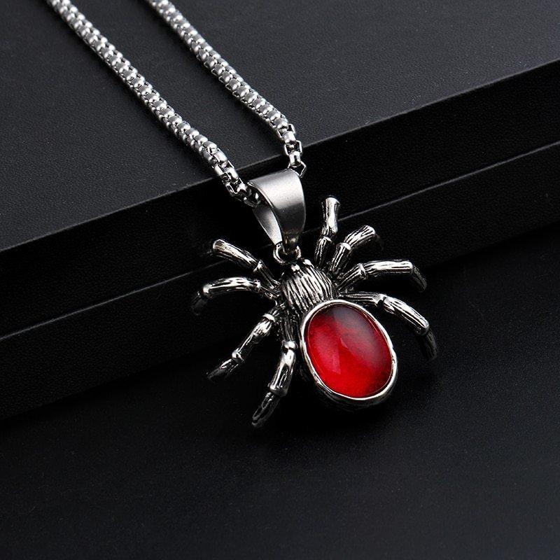 Spider Pendant Necklace Gothic Red Large Crystal Male Biker Goth Jewelry Necklace Men