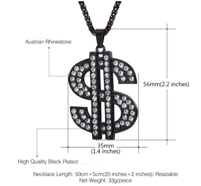 8369507650417 European and American exaggerated jewelry Hip-hop style diamond-studded dollar symbol necklace Personality men and women pendant