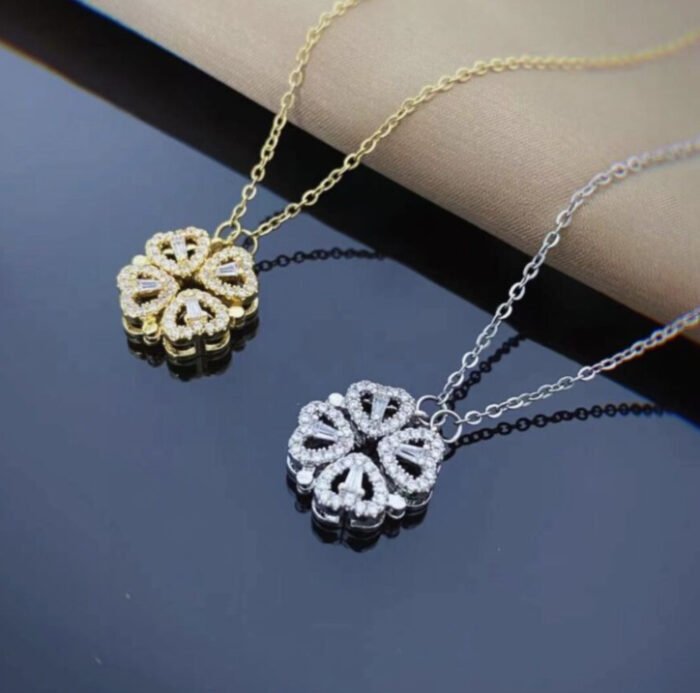 de20bc25 5463 47b1 b65c a6aee3c2983a Retro Magnetic Folding Heart Shaped Four Leaf Clover Pendant Necklace Women Love Clavicle Chain Gifts Openable Choker Jewelry