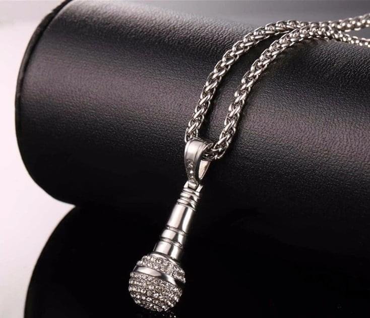 Stainless Steel 18K Gold Plated Rhinestone Women Men Hip Hop Jewelry Ice Out Chain Necklace Microphone Pendant Stainless Steel 18K Gold Plated Rhinestone Women Men Hip Hop Jewelry Ice Out Chain Necklace Microphone Pendant